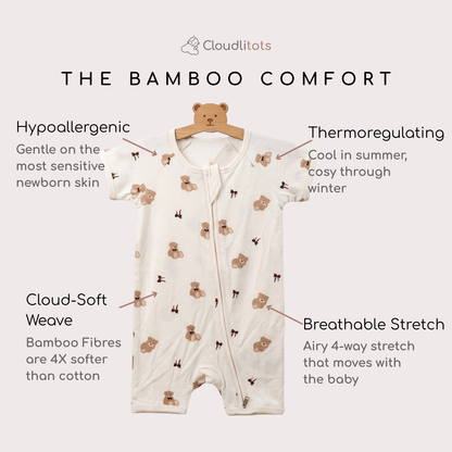 An off-white bamboo romper with a brown teddy bear pattern, hanging on a wooden hanger against a light beige background with text callouts detailing its features.