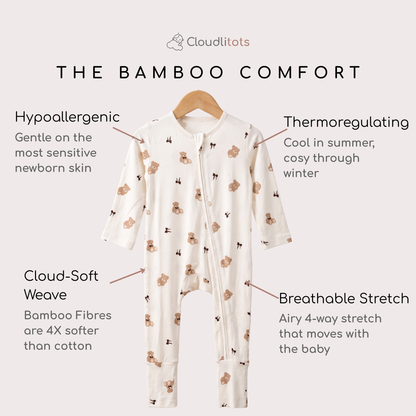 A baby long-sleeve bamboo sleepsuit with a zipper and teddy bear print, shown on a hanger with text callouts highlighting its comfort and breathability features. The brand Cloudlitots is visible at the top.