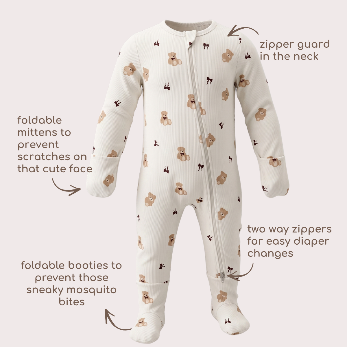 A baby bamboo sleepsuit with a white base and a pattern of small teddy bear print, shown with callout arrows and text labels explaining its features.