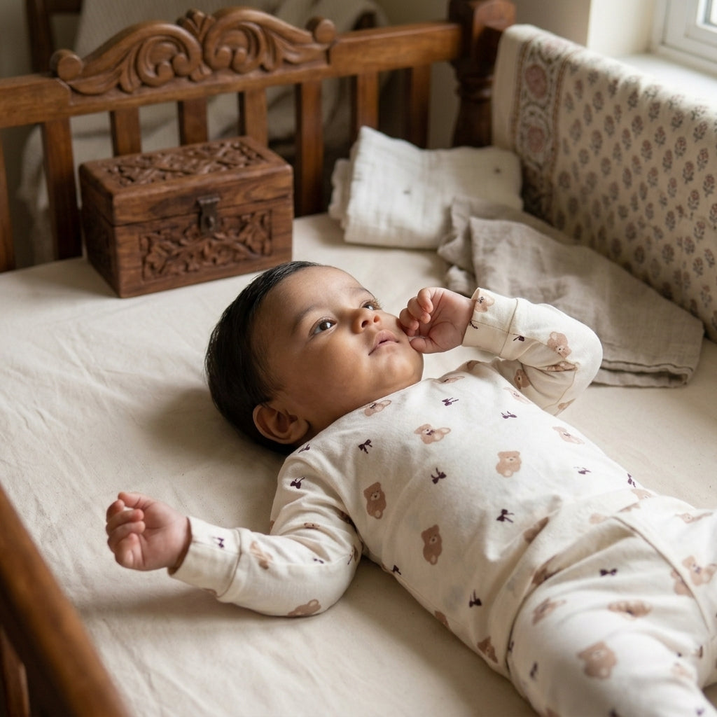 A baby lying on their back in a wooden crib, wearing a cream-colored long-sleeve footless onesie with a small brown teddy bear pattern. The crib has a wooden headboard, patterned bedding, and a small carved wooden chest.