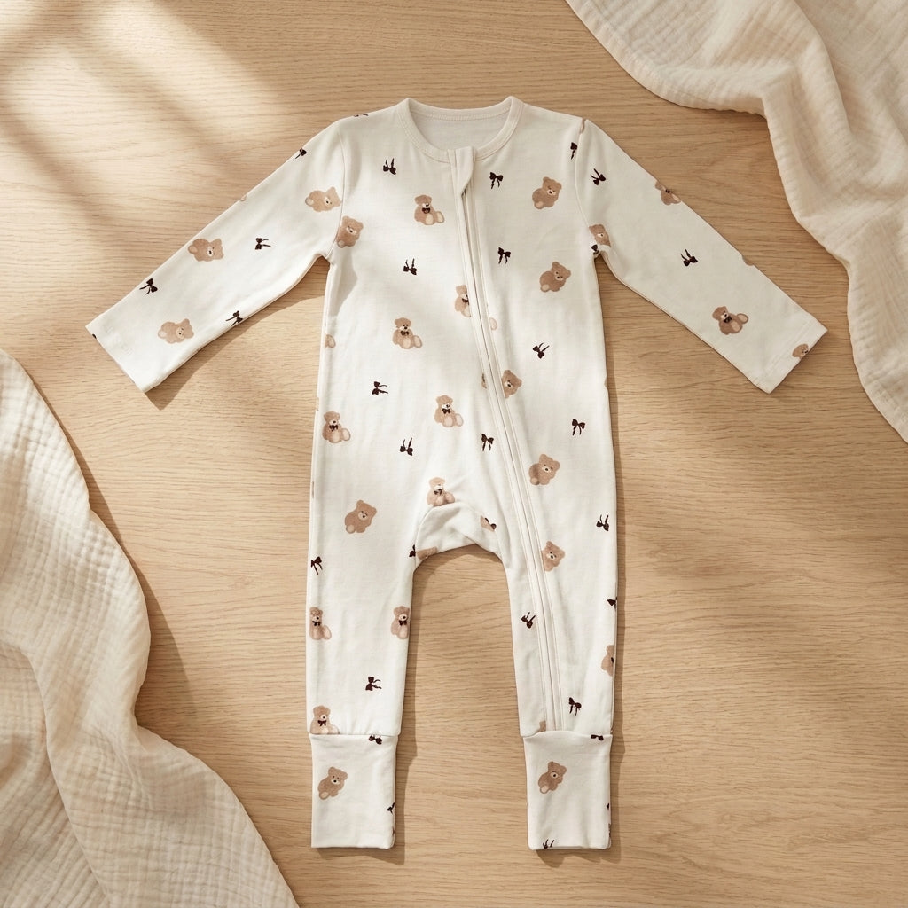 A baby long-sleeve bamboo sleepsuit laid flat on a beige background, decorated with small brown teddy bear and black bow prints. 