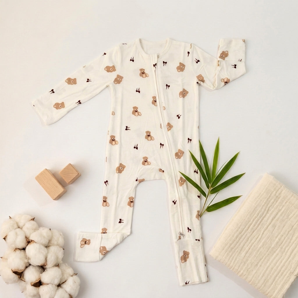 A baby long-sleeve bamboo sleepsuit laid flat on a light background, decorated with small brown teddy bear and black bow prints. The romper is styled with cotton bolls, wooden blocks, a green leaf, and a cream ribbed fabric square.