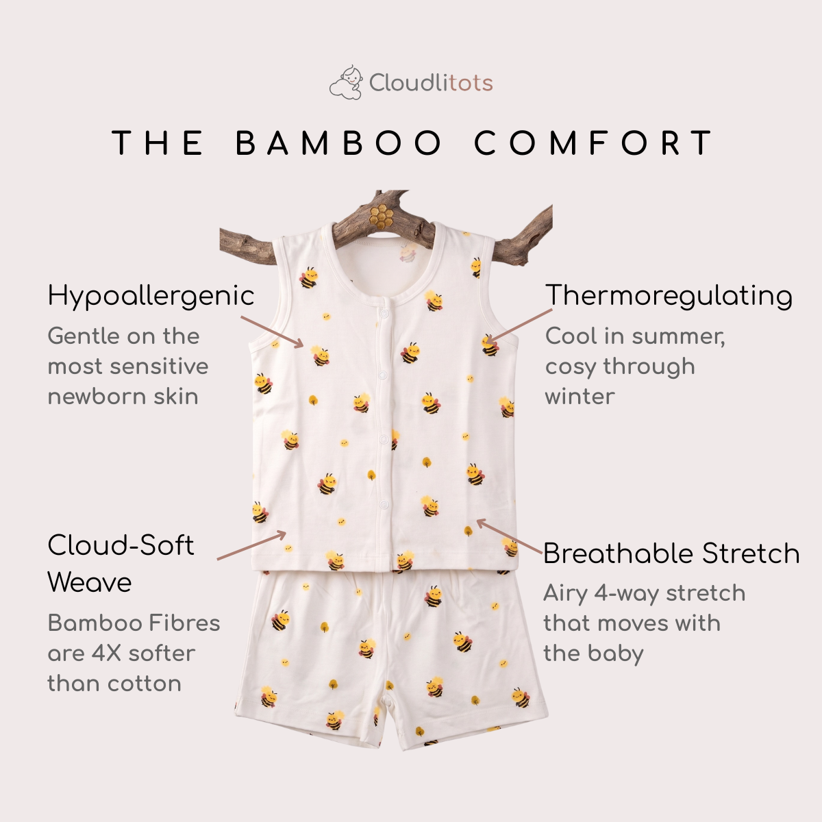 A baby bamboo jabla and shorts set displayed on a hanger against a light beige background, with text callouts describing features such as hypoallergenic, thermoregulating, cloud-soft weave, and breathable stretch. The set includes a sleeveless top and matching shorts in white with a yellow and black bee print.