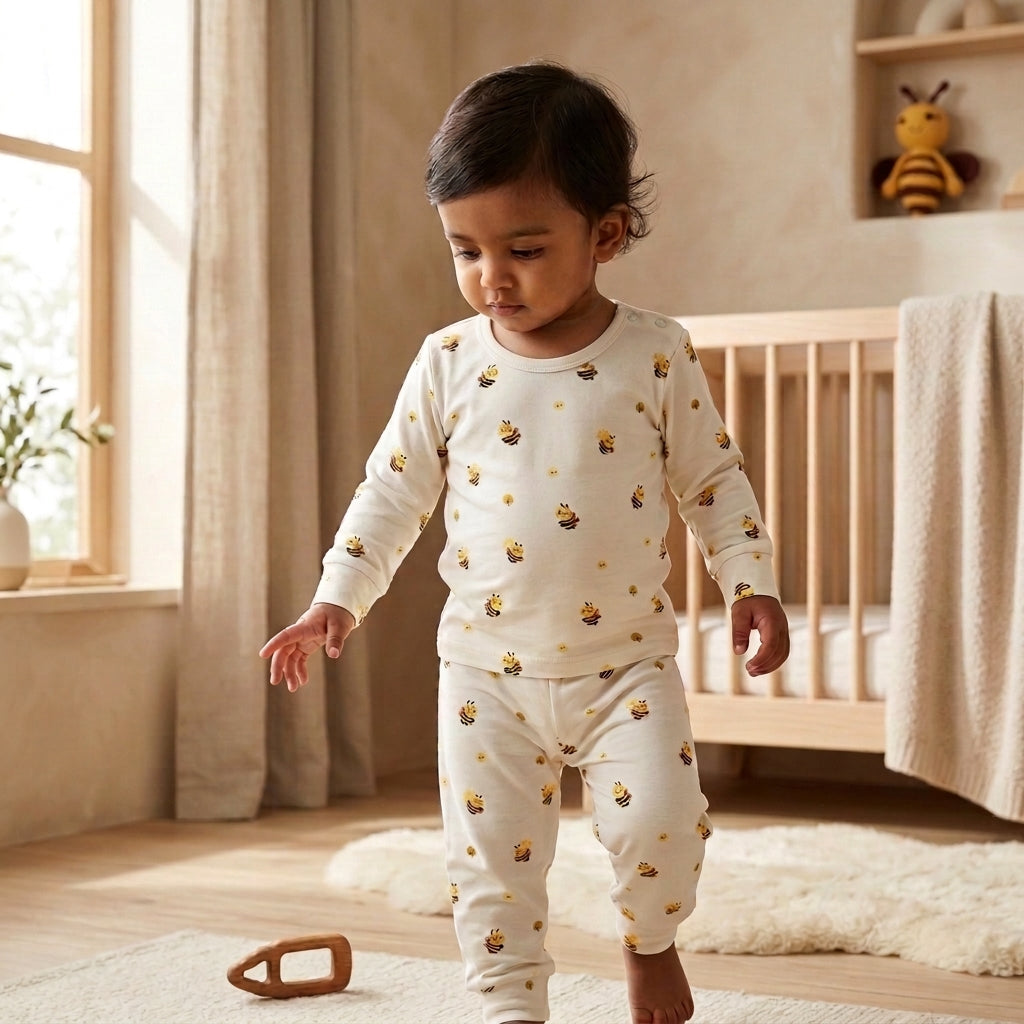 A toddler wearing a cream-colored two-piece pajama set with a yellow and brown bee pattern, standing in a softly lit baby bedroom.