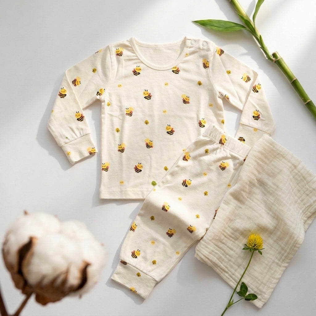 A baby two-piece bamboo lounge set laid flat on a white background, featuring a long-sleeve cream top and matching pants with a yellow bee print, alongside a soft cream muslin blanket. Decorative cotton boll, bamboo stem, and a small yellow flower are placed around the set.