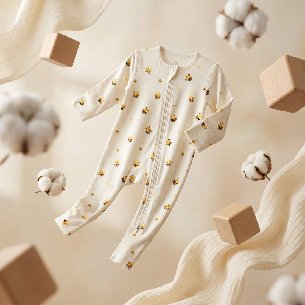 A cream-colored baby footed sleeper with a front zipper and a pattern of small yellow and brown bees, floating amidst cotton bolls and wooden blocks.