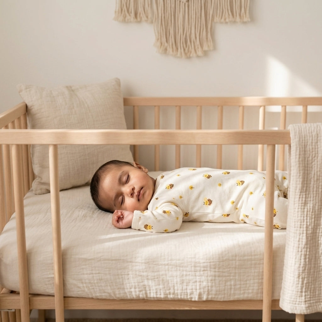 A sleeping baby wearing a cream-colored long-sleeve bamboo sleepsuit with small yellow bee prints, lying in a light wood crib with a matching pillow and textured blanket.