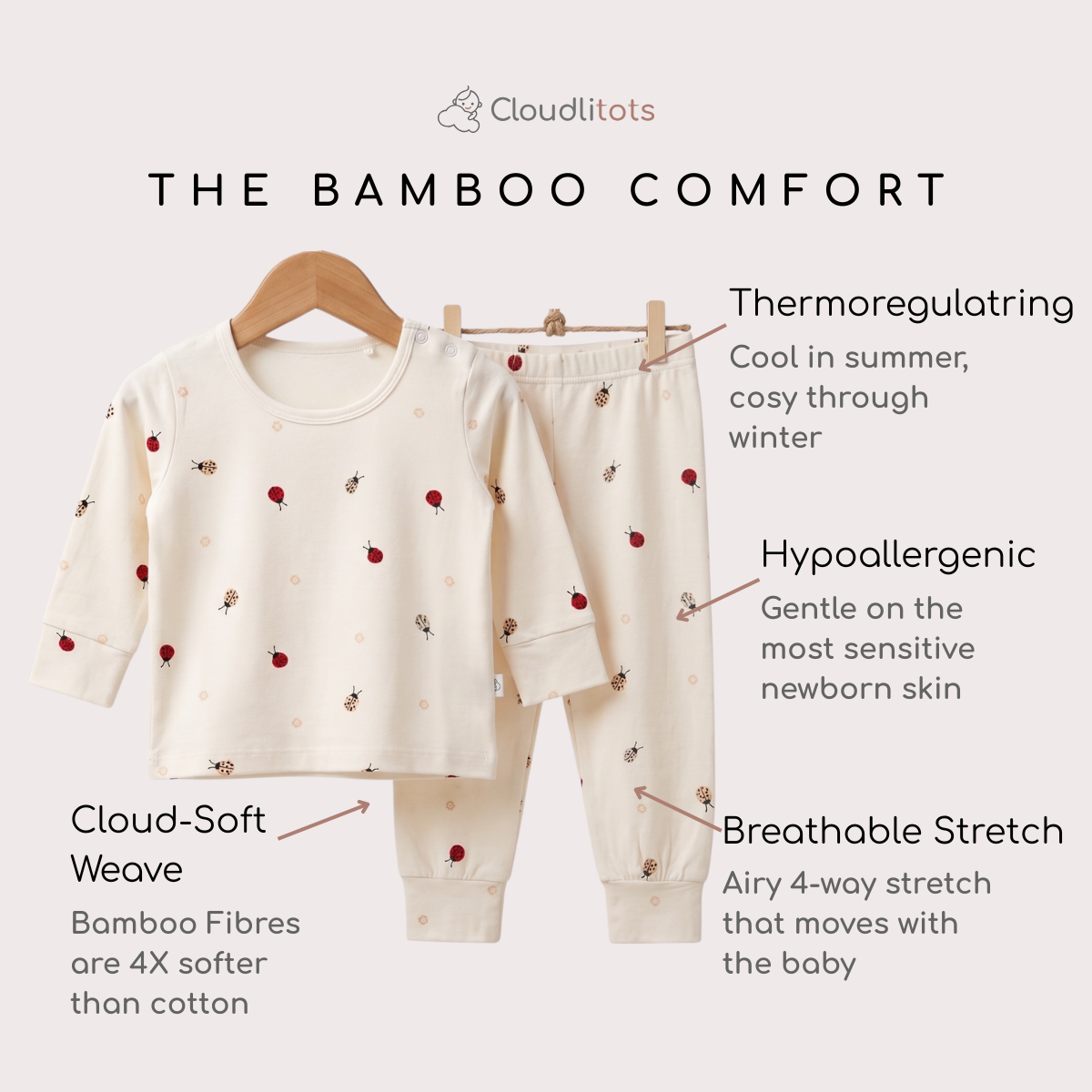A two-piece baby bamboo lounge set hanging on wooden hangers against a light beige background, with text callouts describing its bamboo-comfort features. The set includes a long-sleeve top and matching pants in a warm cream color with small red and yellow bug prints.