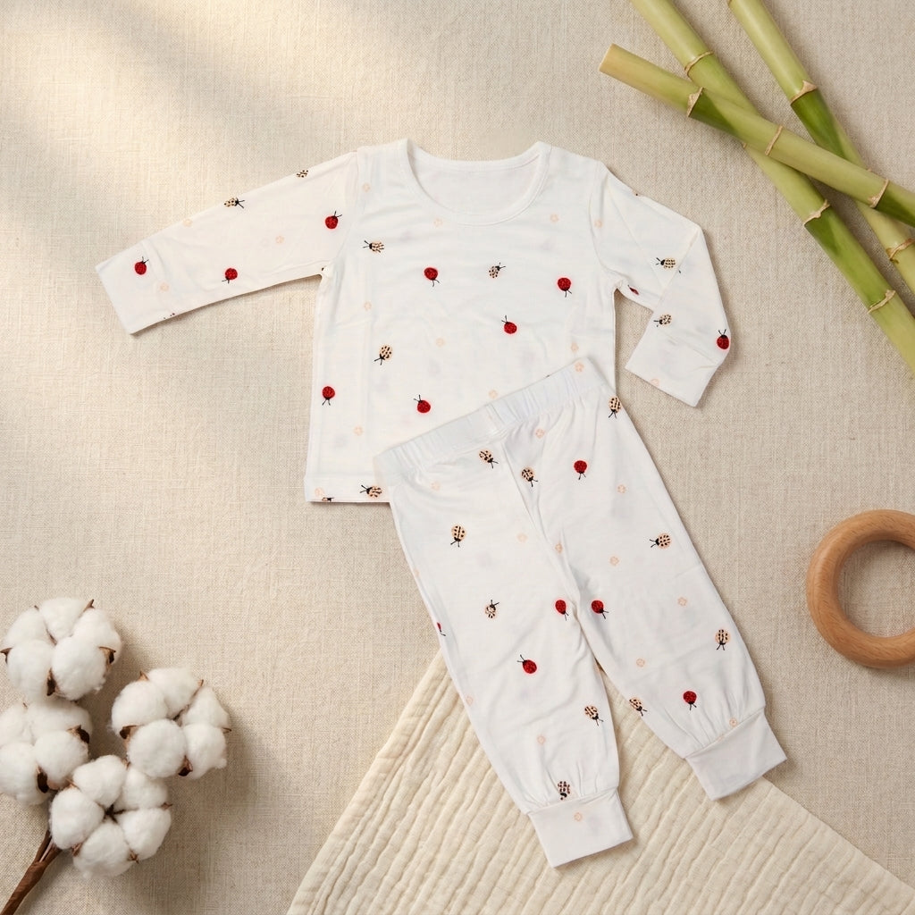 A baby two-piece bamboo lounge set laid flat on a textured beige fabric background, featuring a white long-sleeve top and matching pants with small red ladybug prints. Styled with cotton bolls, bamboo sticks, and a wooden ring toy.