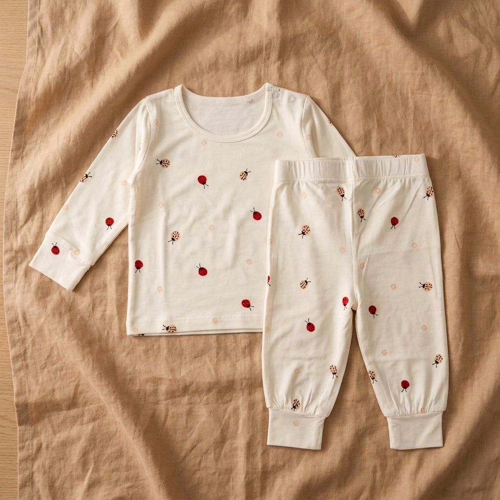 A baby two-piece bamboo lounge set laid flat on a textured beige fabric background, featuring a white long-sleeve top and matching pants with small red ladybug prints. 