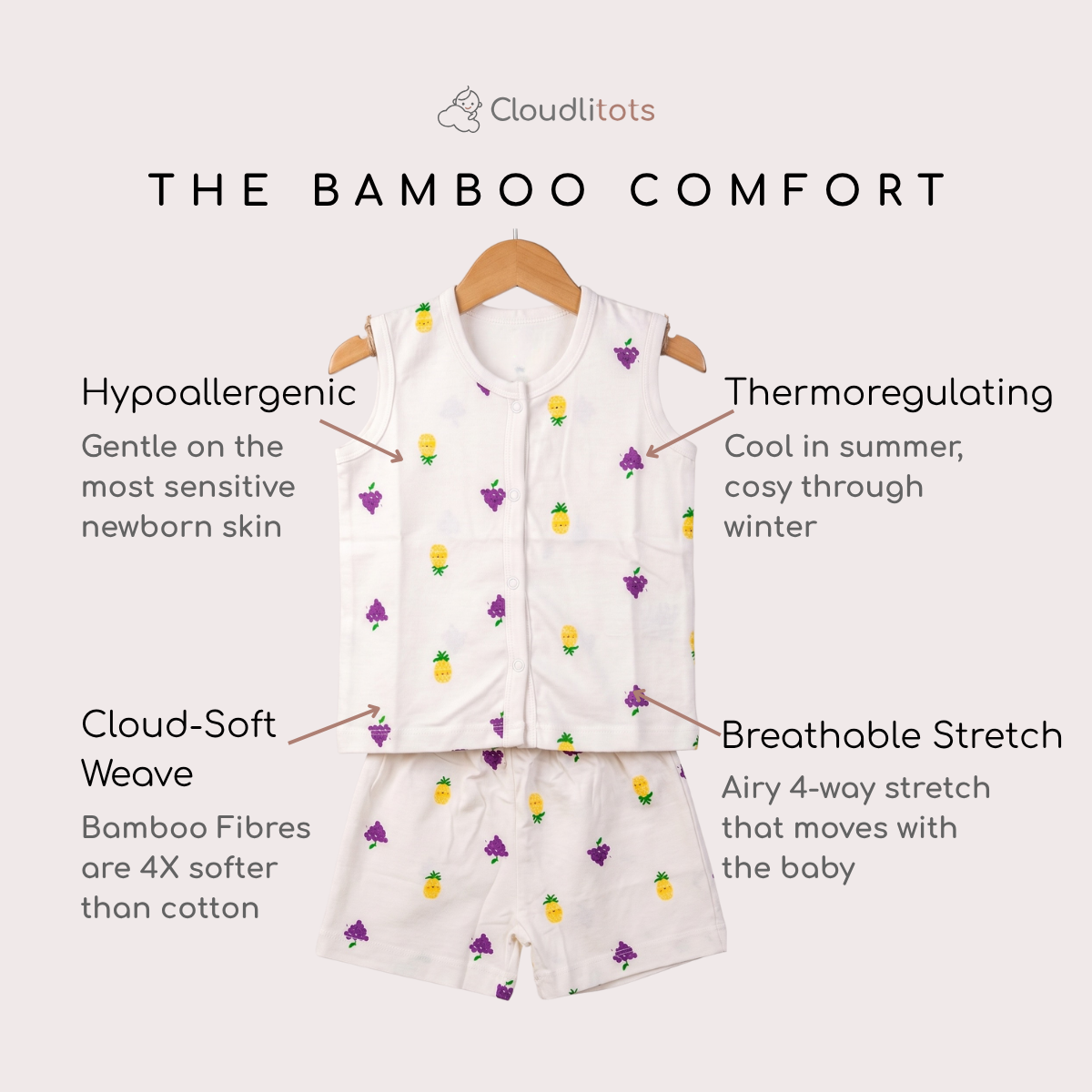 A baby two-piece bamboo jabla and shorts set from Cloudlitots, featuring a white sleeveless vest and matching shorts with a small yellow pineapple and purple grape pattern. The image includes text callouts highlighting key features like hypoallergenic, thermoregulating, soft weave, and stretchable bamboo fibers.