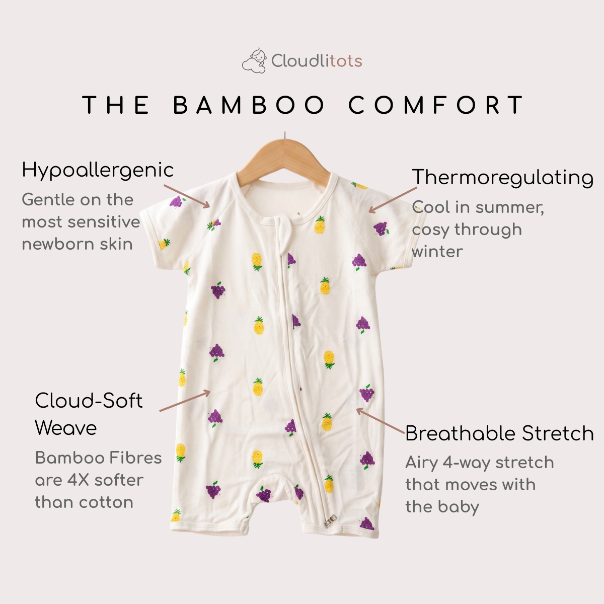 An off-white short-sleeve baby bamboo romper with a front zipper and a print of yellow pineapples and purple grapes, hanging on a wooden hanger against a light beige background. The image features text callouts explaining the product's 'Bamboo Comfort' features: hypoallergenic, thermoregulating, Cloud-Soft Weave, and breathable stretch.