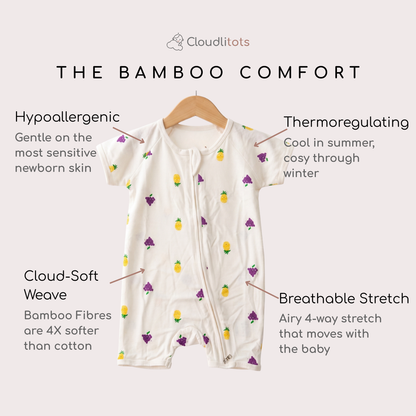 An off-white short-sleeve baby bamboo romper with a front zipper and a print of yellow pineapples and purple grapes, hanging on a wooden hanger against a light beige background. The image features text callouts explaining the product's 'Bamboo Comfort' features: hypoallergenic, thermoregulating, Cloud-Soft Weave, and breathable stretch.