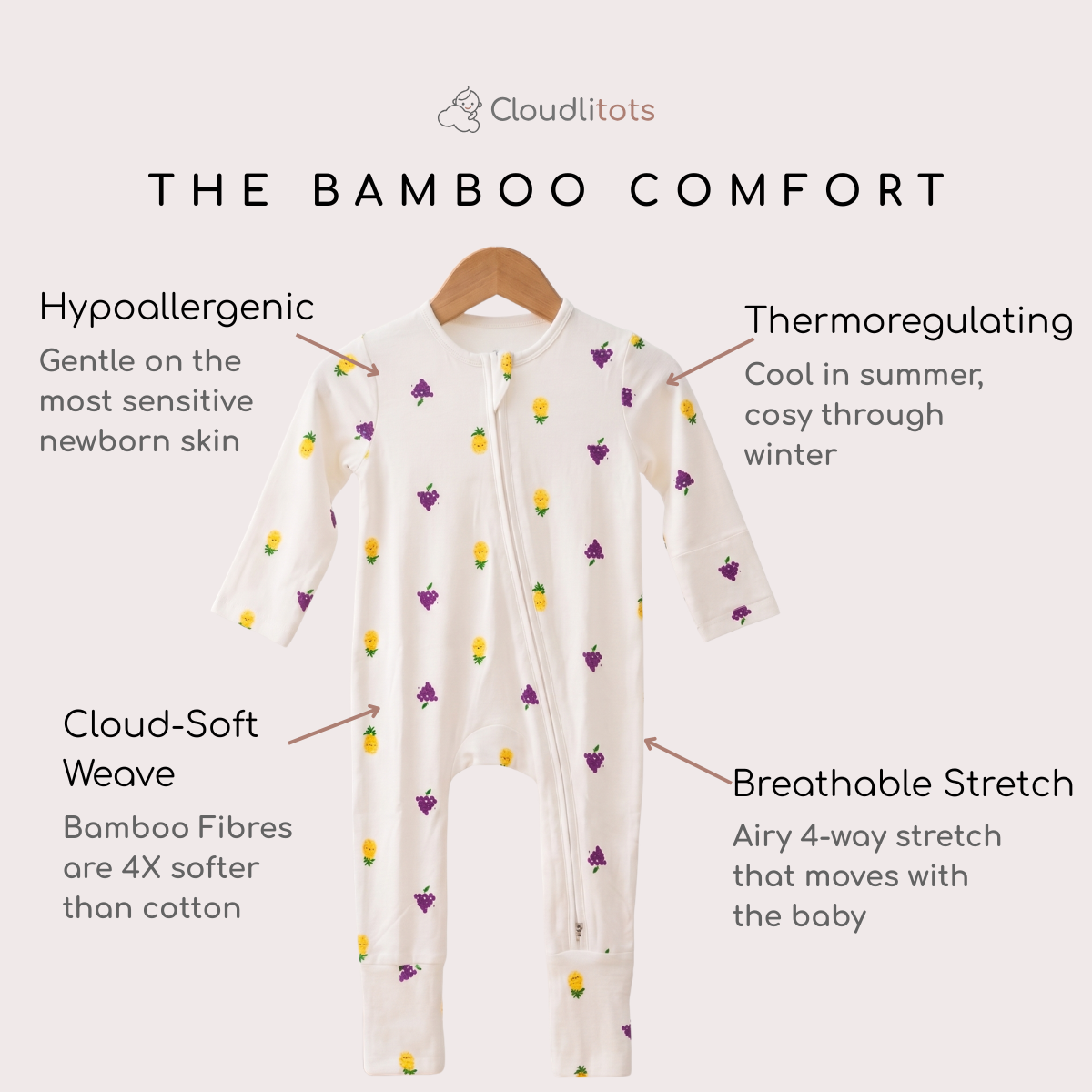 An off-white long-sleeve baby fbamboo sleepsuit with a purple and yellow fruits pattern, shown on a wooden hanger against a light beige background with text callouts describing its comfort features.