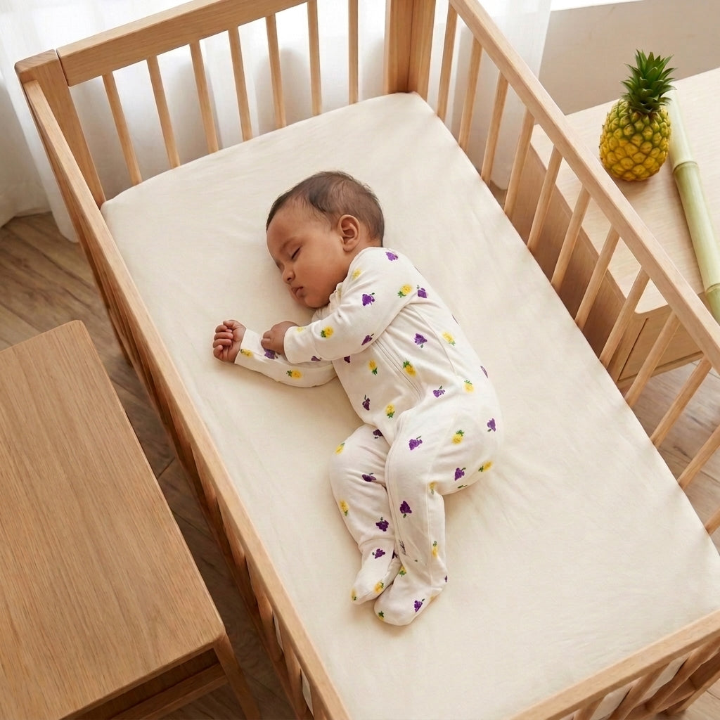 A sleeping baby wearing a white footed sleeper with purple and yellow grapes and pineapple patterns, lying on a cream mattress inside a light wood crib.