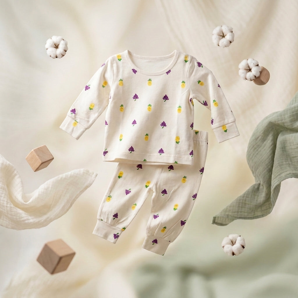 A baby long-sleeve bamboo lounge set with a matching pair of pants, featuring a white base with a small repeating pattern of yellow pineapples and purple grapes. The set is displayed in a styled flat-lay composition with soft props including cotton bolls, wooden blocks, and a sage green muslin cloth on a warm cream background.