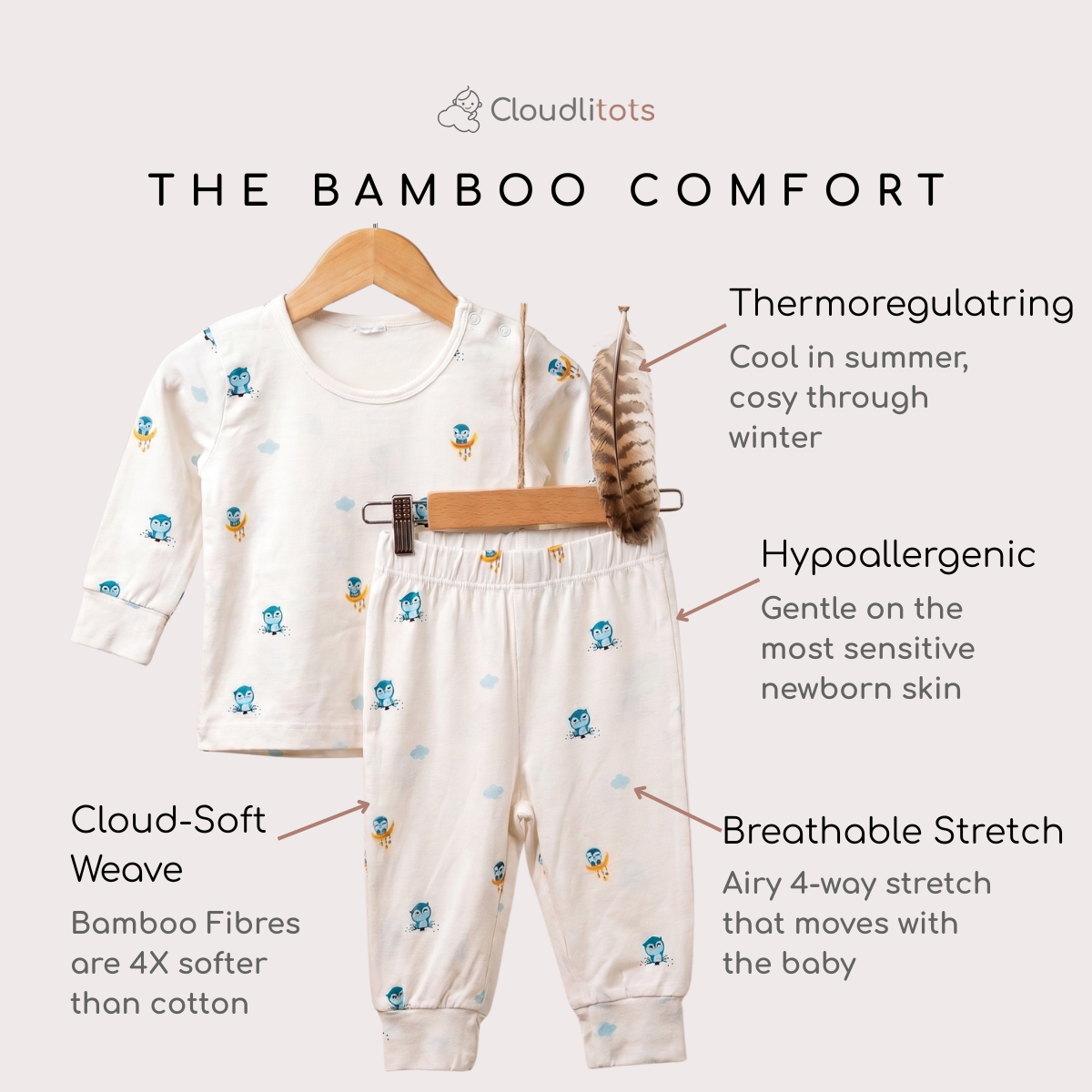 A two-piece baby bamboo lounge set displayed on wooden hangers against a light beige background, with text callouts describing features like thermoregulation, hypoallergenic comfort, breathable stretch, and Cloud-Soft Weave. The set includes a long-sleeve top and matching pants in a warm off-white fabric with small blue and yellow owl prints.
