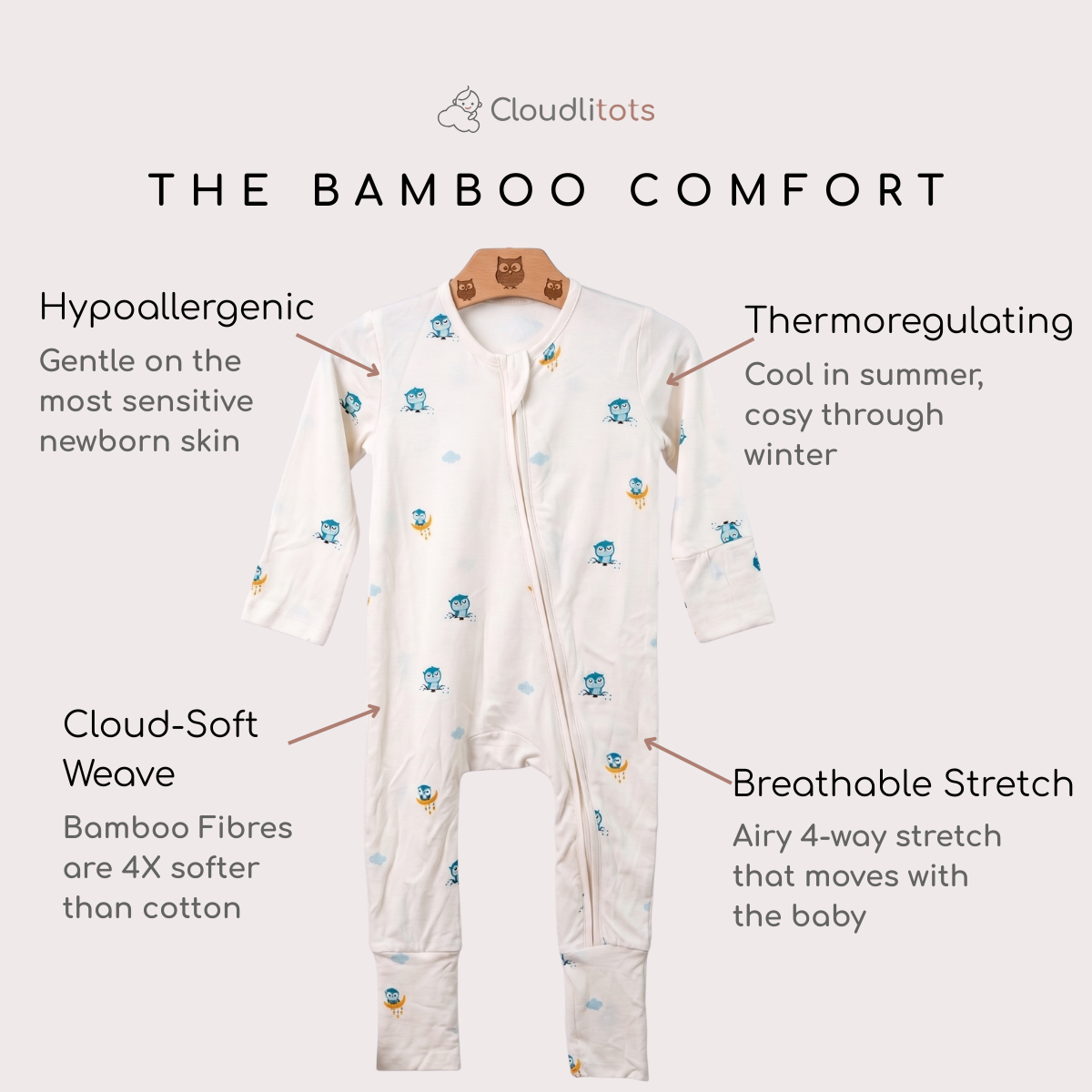 An off-white long-sleeve baby bamboo sleepsuit with a small blue and yellow owl and cloud pattern, shown on a wooden hanger against a light beige background with text callouts describing its bamboo comfort features.