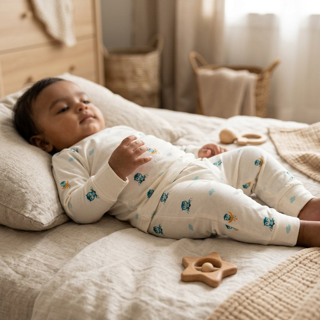 A baby lying on a bed wearing cream-colored bamboo lounge set with a blue and yellow owl pattern. The room has a warm, neutral aesthetic with wooden furniture, woven baskets, and soft natural light.