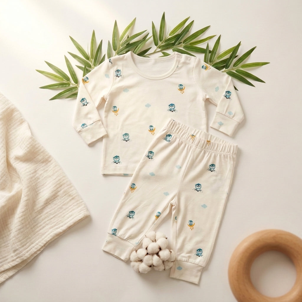 A baby bamboo lounge set consisting of a long-sleeve top and matching pants, laid flat on a light background with decorative green leaves, a textured fabric swatch, cotton balls, and a wooden ring. The outfit is cream-colored with small blue and yellow cartoon owl character prints.