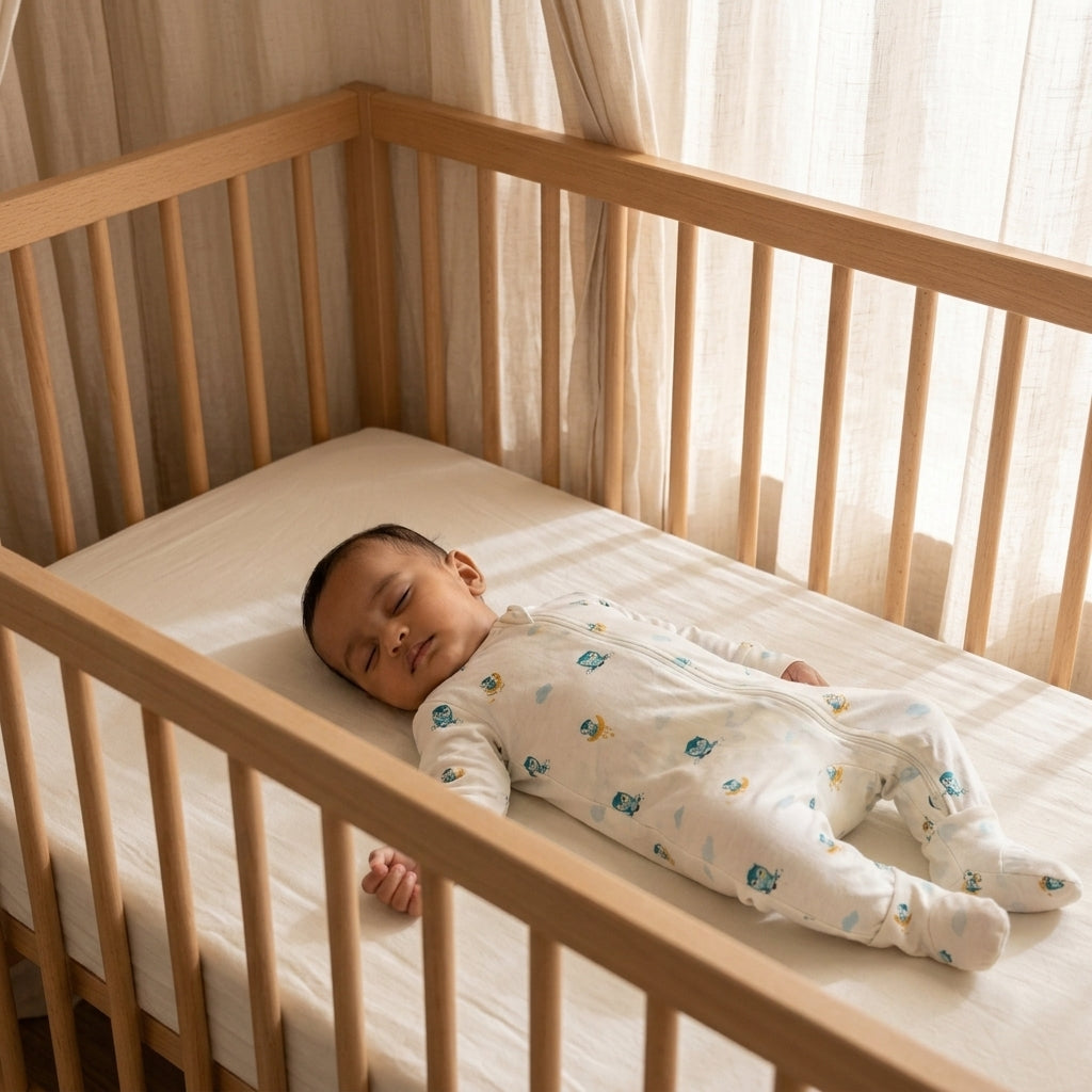 A sleeping baby lies on their back in a light wood crib, wearing a white footed bamboo sleepsuit with small blue and yellow owl prints. The crib is set against a soft beige curtain background.