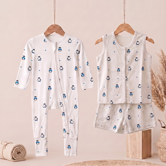 A baby sleepwear set displayed on wooden hangers against a warm beige background. The set includes a long-sleeve one-piece bamboo sleepsuit and a matching sleeveless bamboo jabla and shorts set, all in a soft off-white fabric with a small blue penguin print.
