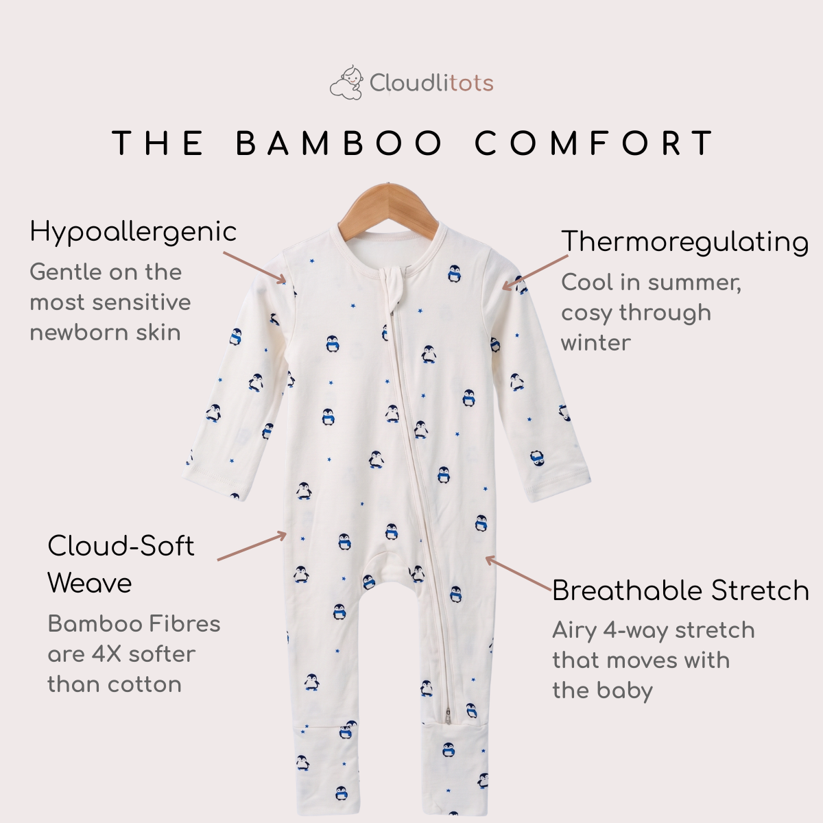 White long-sleeve baby bamboo sleepsuit with a blue panda print, shown on a wooden hanger against a light beige background with text callouts describing its comfort features. Brand name Cloudlitots appears at the top.