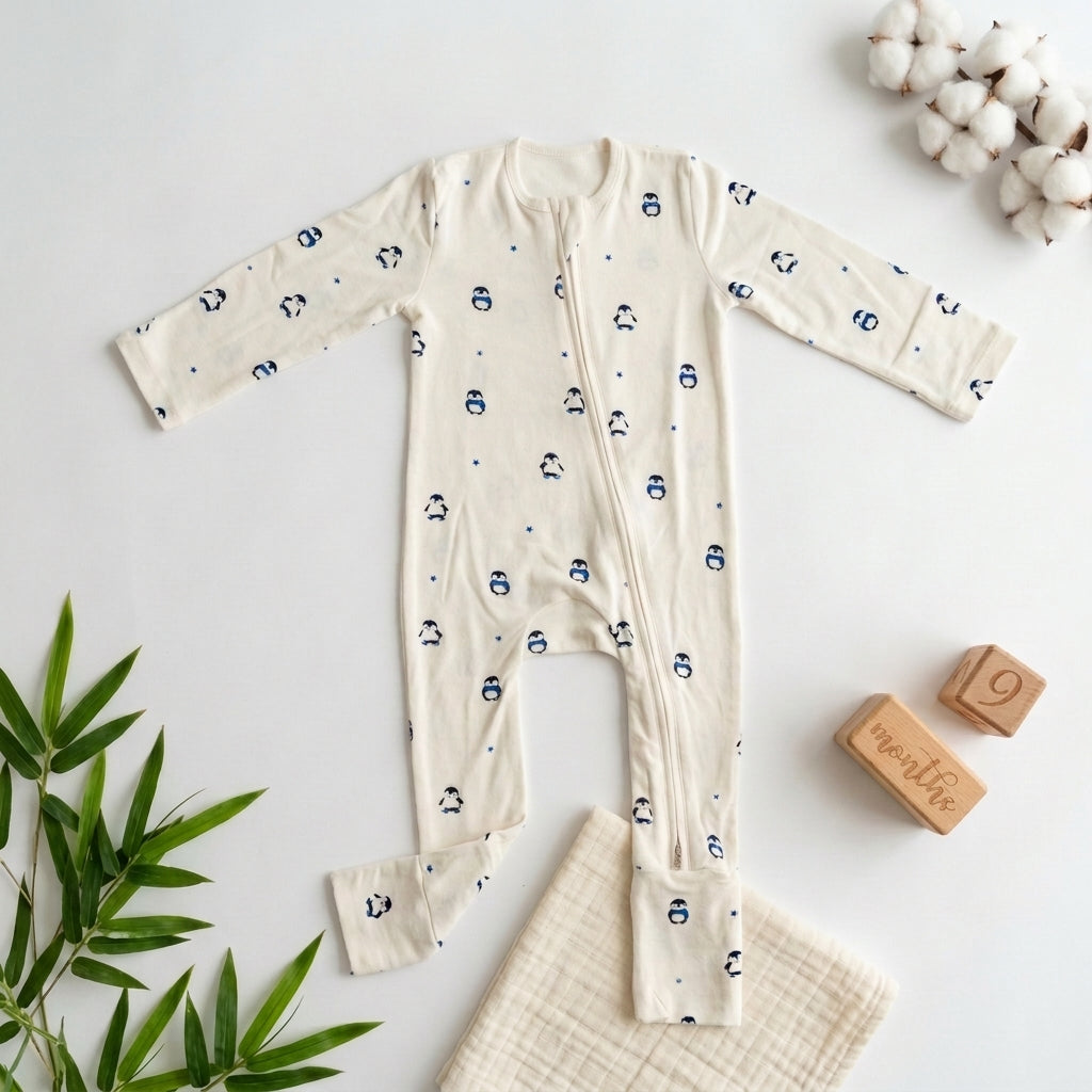 A baby long-sleeve bamboo sleepsuit in off-white with a navy blue penguin pattern, laid flat on a light background with baby accessories.