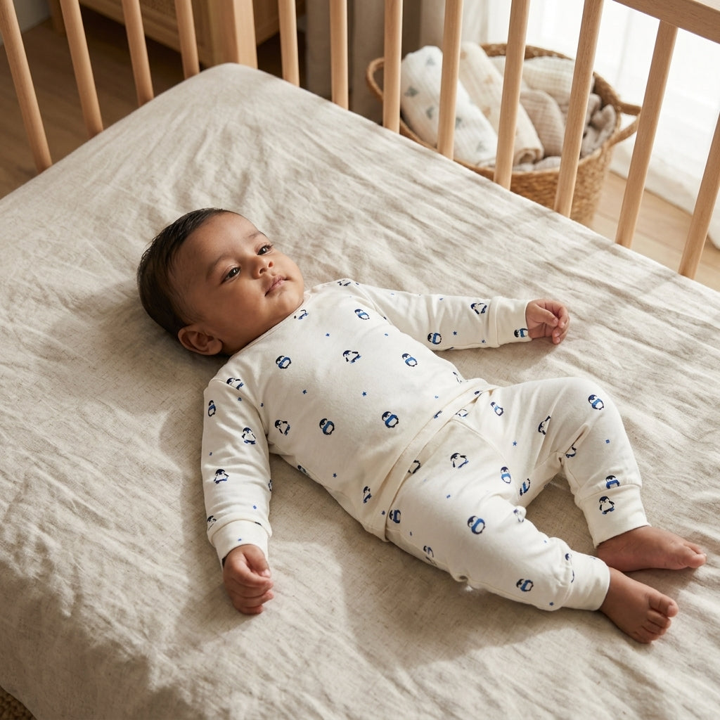 A baby lying on a cream-colored bed sheet inside a wooden crib, wearing an off-white long-sleeve footed sleeper with a small blue penguin pattern.