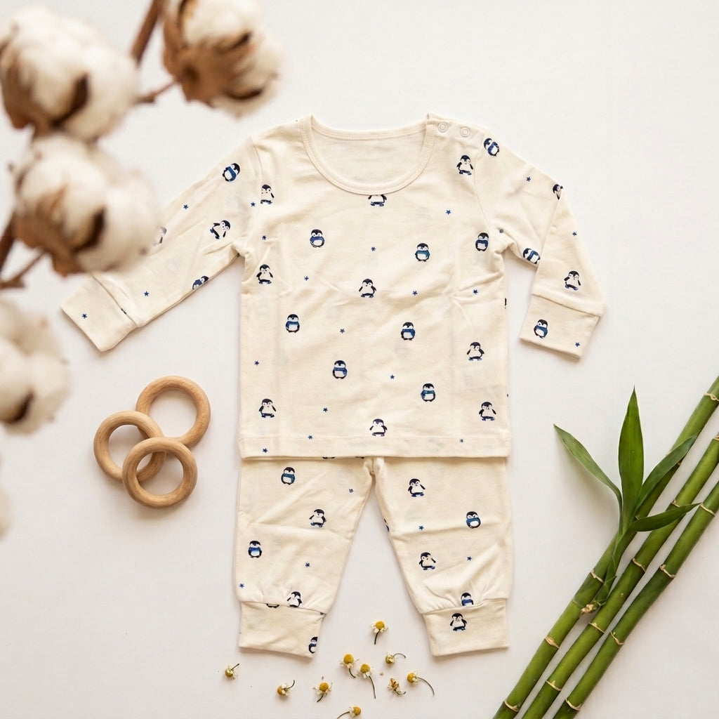 A baby long-sleeve bamboo lounge set laid flat on a white background, featuring a cream-colored top and matching pants with a small blue penguin print. The set is styled with cotton bolls, wooden rings, and green bamboo leaves.