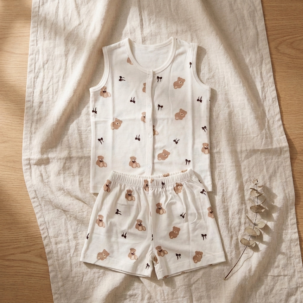 Baby bamboo jabla and shorts with teddy bear print laid flat on a cloth with decorative elements
