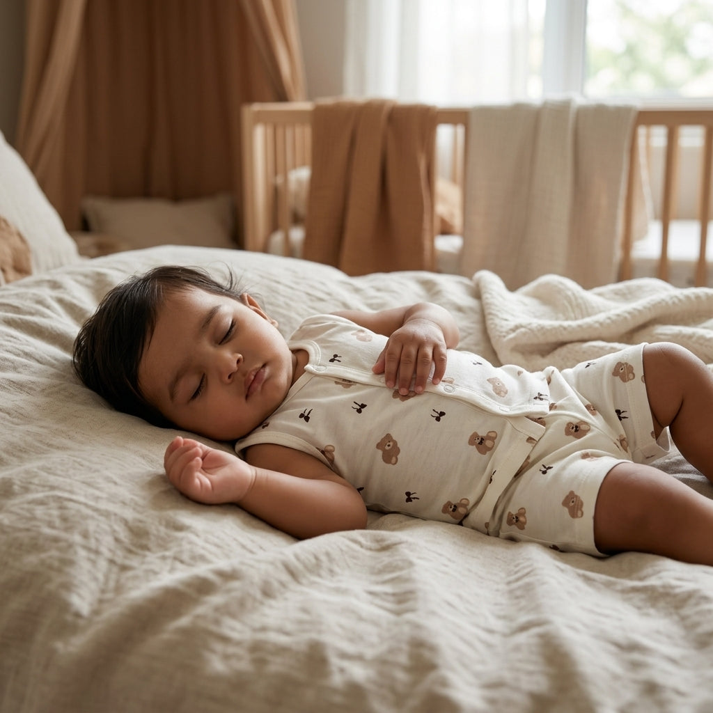 A sleeping baby wearing a cream-colored bamboo jabla and shorts with small brown teddy bear prints, lying on a textured beige bedsheet in a softly lit nursery.