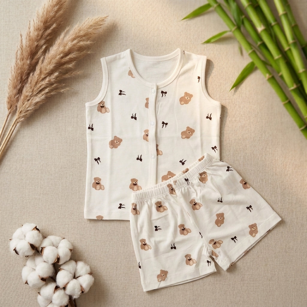 A baby bamboo jabla and shorts featuring a sleeveless top and matching shorts in white, decorated with a cute pattern of small brown teddy bears and black silhouettes. The set is styled in a flat-lay arrangement with decorative dried pampas grass, green bamboo, and cotton bolls on a textured beige fabric background.