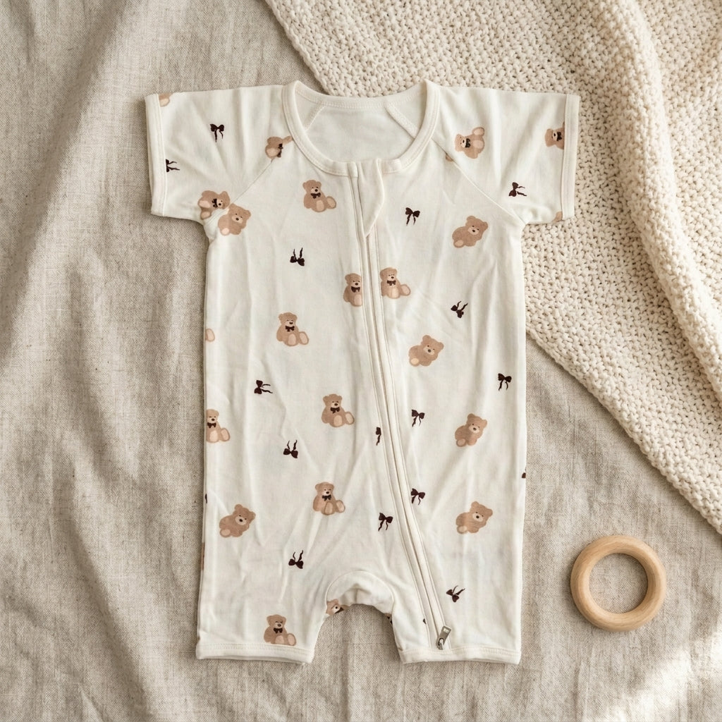 A baby short-sleeve footless bamboo romper in off-white, featuring a print of teddy bears and small bows, laid flat on a textured beige fabric next to a wooden teething ring.