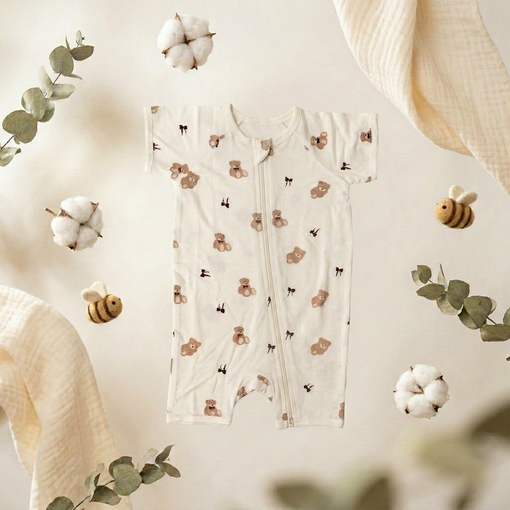 A baby bamboo romper in off-white with a print of teddy bears, bees, and butterflies, styled in a soft flat-lay with cotton bolls, eucalyptus leaves, and textured cream fabric.