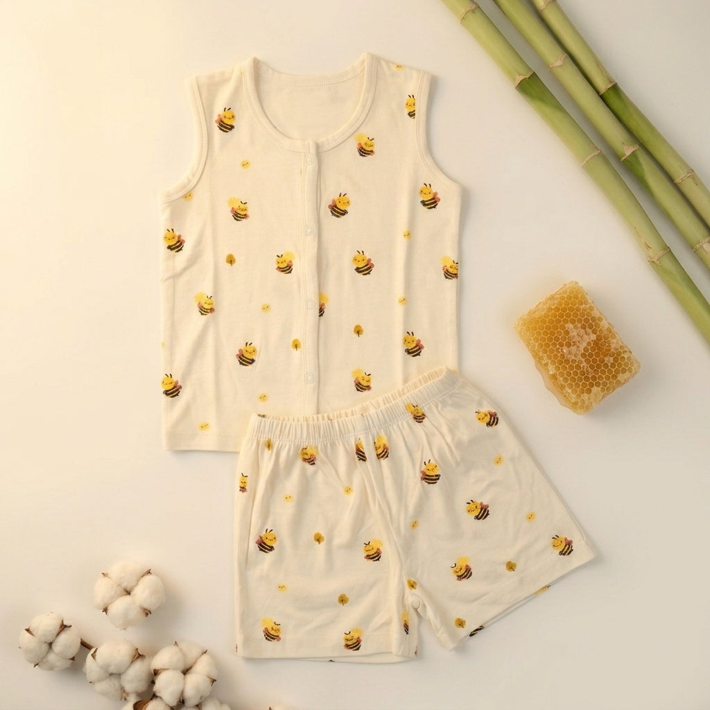 A two-piece baby bamboo jabla and shorts set featuring a sleeveless top and matching shorts in a warm cream color, both printed with a cute pattern of yellow and black bumblebees and small honey droplets. The set is styled in a flat-lay arrangement with decorative props including green bamboo stalks, a piece of honeycomb, and cotton bolls on a clean white background.