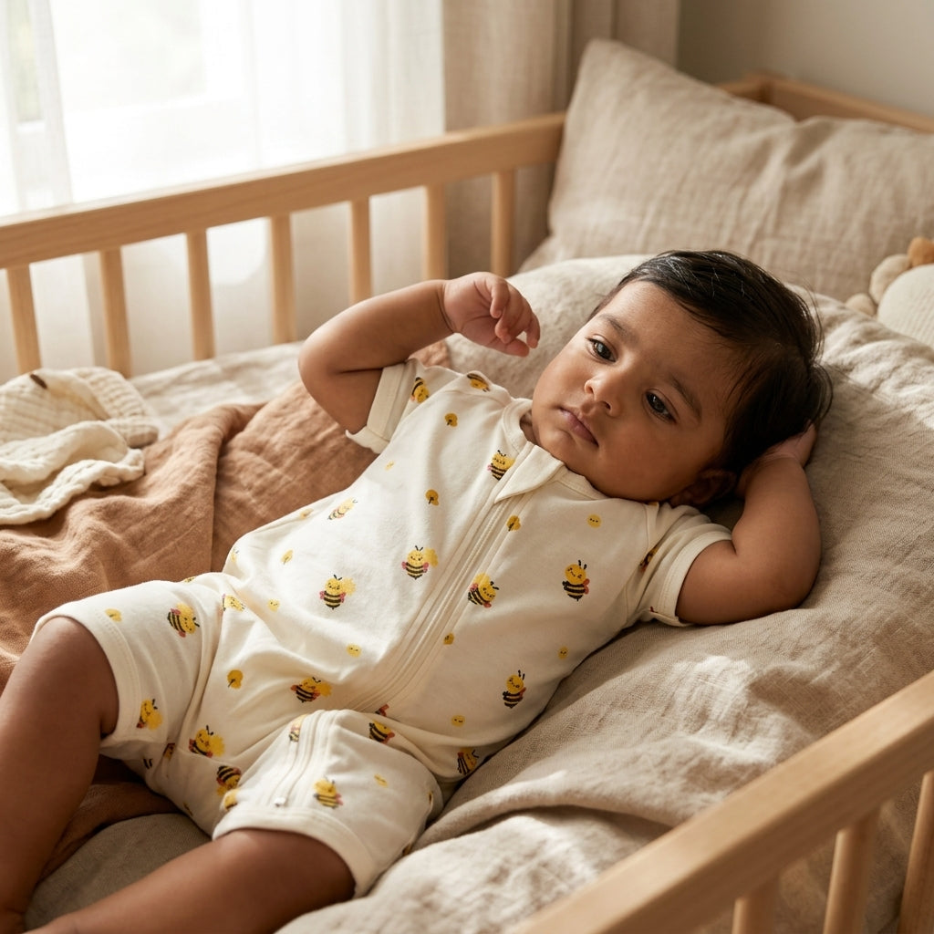 A baby lying on a beige linen mattress in a wooden crib, wearing a cream-colored short-sleeve bamboo romper printed with yellow and black bumblebees.
