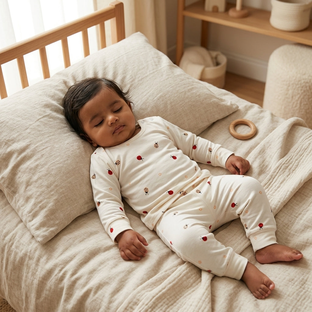 A sleeping baby wearing a cream-colored long-sleeve bamboo lounge set with small red ladybug prints, lying on a beige textured bed in a softly lit nursery.