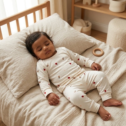 A sleeping baby wearing a cream-colored long-sleeve bamboo lounge set with small red ladybug prints, lying on a beige textured bed in a softly lit nursery.