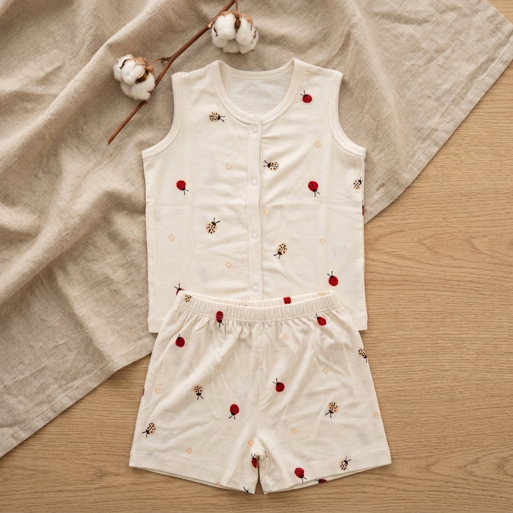 A baby bamboo jabla and shorts set consisting of a sleeveless button-front top and matching shorts in off-white, decorated with small red ladybugs and tiny yellow-and-black bees. The set is styled flat-lay on a beige linen cloth with cotton bolls on a light wood background.