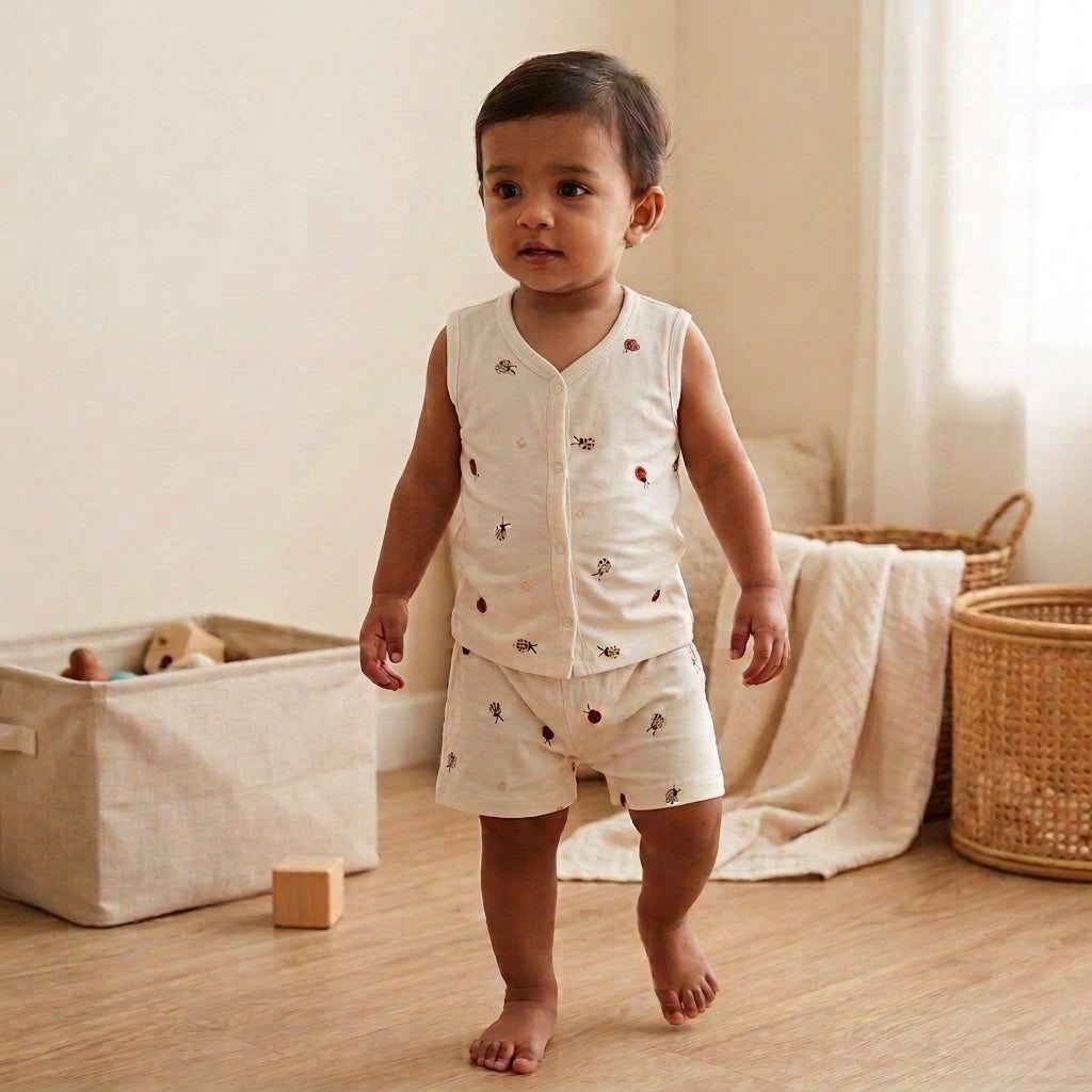 A toddler walking in a softly lit nursery, wearing a sleeveless bamboo jabla and shorts set with small red ladybug motifs.
