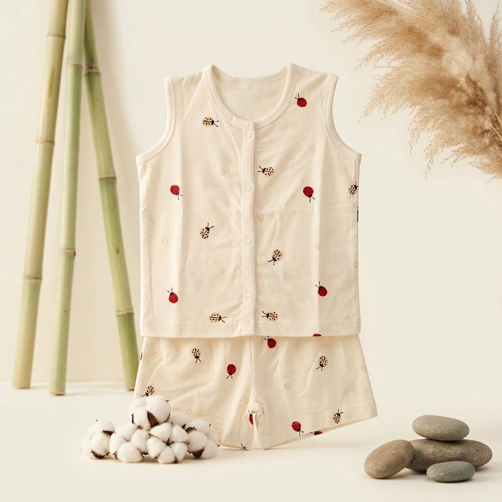 A two-piece baby bamboo jabla and shorts set featuring a sleeveless top and matching shorts in a warm cream color, decorated with small ladybugs print. The set is styled in a flat-lay arrangement with decorative props including dried pampas grass, cotton bolls, and smooth stones.