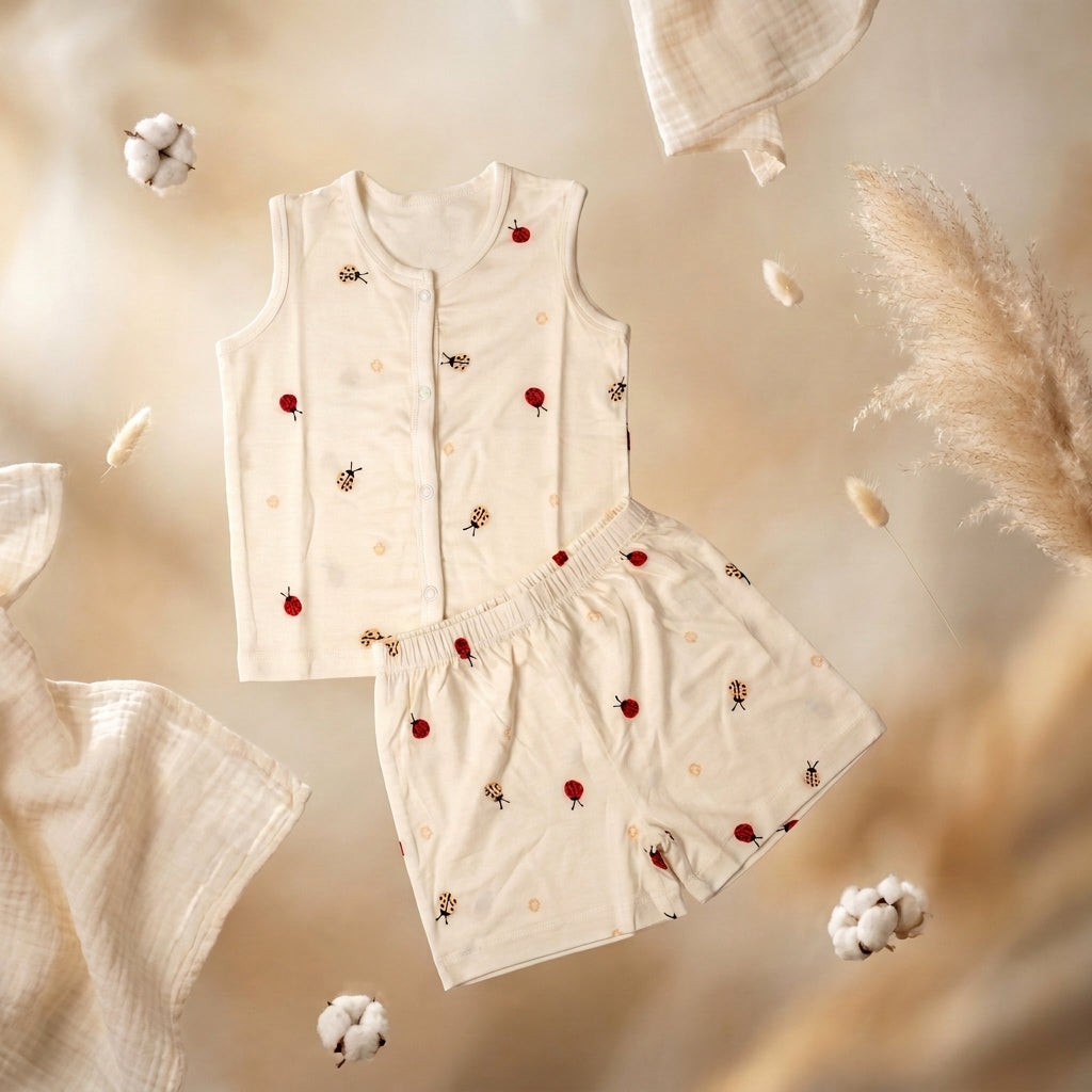 A baby two-piece outfit set consisting of a sleeveless jabla and matching shorts in a warm cream color, decorated with small red ladybugs and tiny yellow dots. The set is styled in a soft, warm aesthetic with cotton bolls and dried pampas grass.