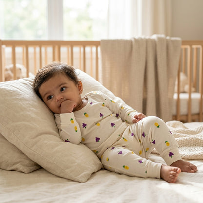 A baby lying on the bed and wearing bamboo lounge set with long sleeve top and matching pants. The dress features a pineapple and grapes all over print. 