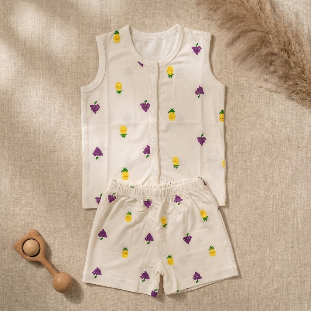 A baby bamboo jabla and shorts set laid flat on a beige textured fabric background. The set is off-white with a repeating pattern of yellow pineapples and purple grapes.