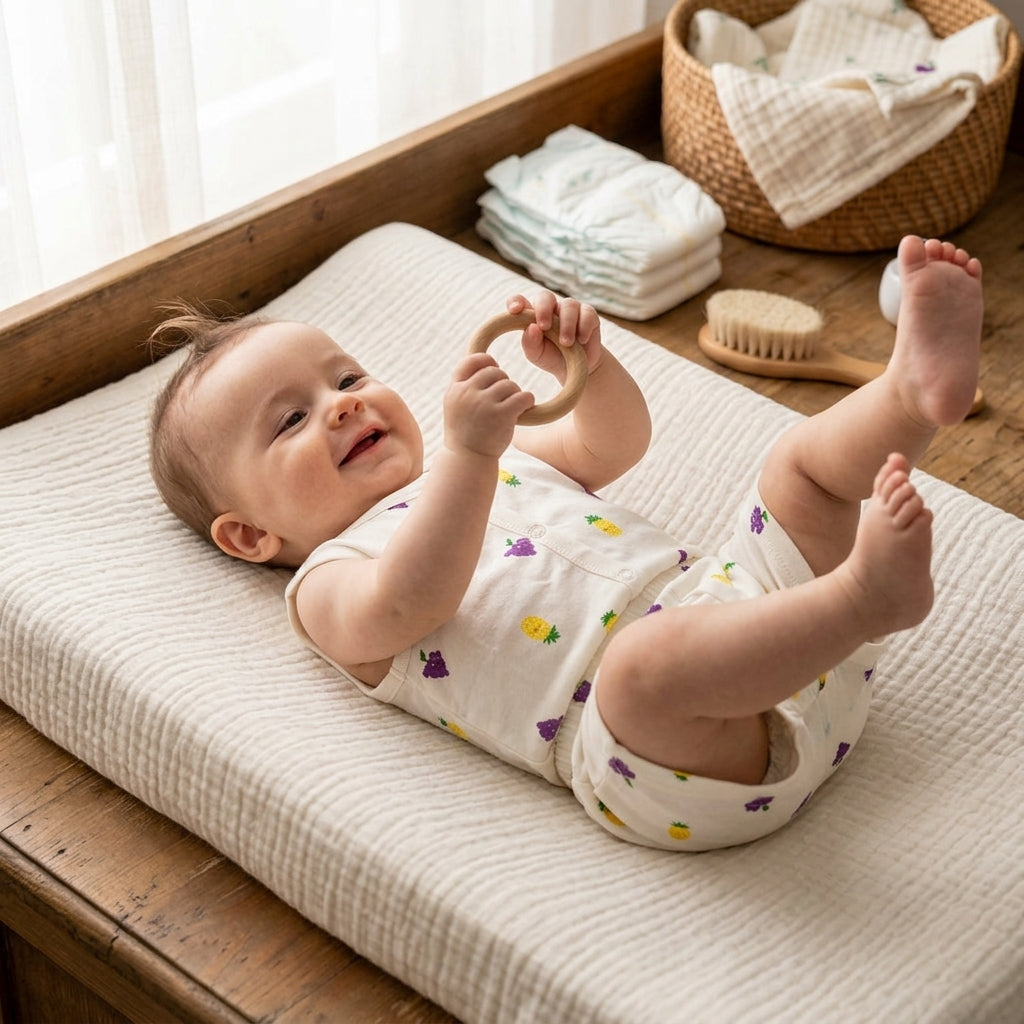 A baby lying on a wooden changing table wearing a white bamboo jabla and shorts set with small purple and yellow floral prints. The baby is holding a wooden teething ring, with folded diapers, a wooden brush, and a woven basket in the background.