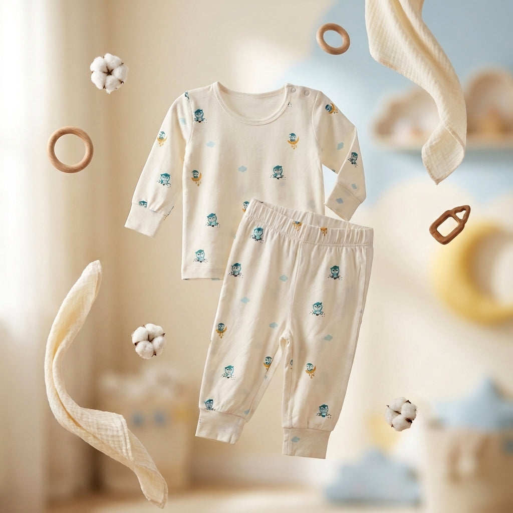 A baby bamboo lounge set consisting of a long-sleeve top and matching pants made floating. The outfit is cream-colored with small blue and yellow cartoon owl character prints.