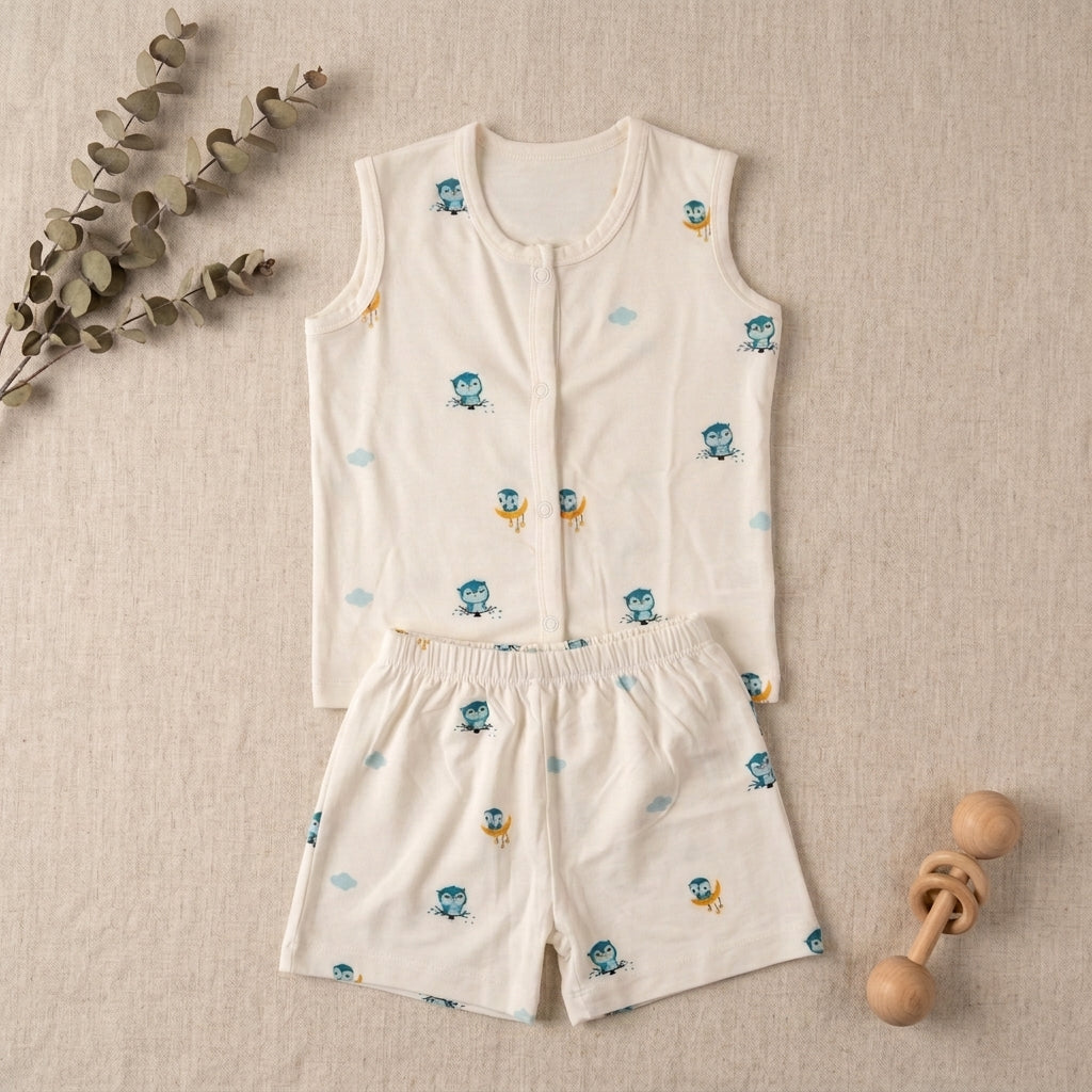 A baby bamboo jabla and shorts in a warm off-white fabric, decorated with a small blue and yellow owl pattern. The set is laid flat on a textured beige background with decorative eucalyptus branches and a wooden baby rattle.