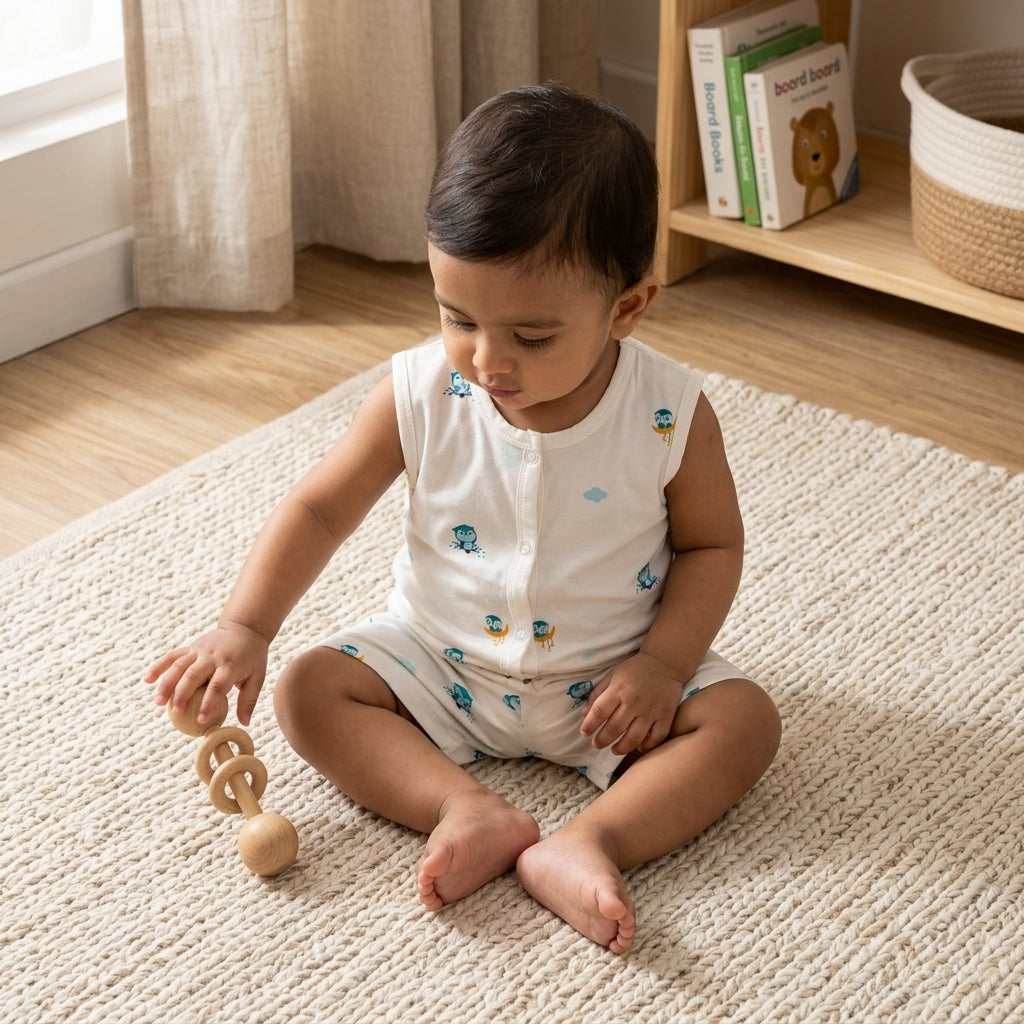 A baby sitting on a woven rug in a nursery, wearing a bamboo jabla and shorts with small blue owl characters. The baby is holding a wooden teething toy.