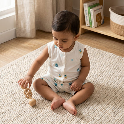 A baby sitting on a woven rug in a nursery, wearing a bamboo jabla and shorts with small blue owl characters. The baby is holding a wooden teething toy.